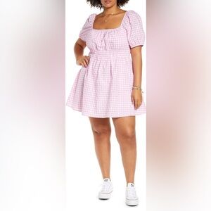 BP Plus Shirred Gingham Print Puff Sleeve Prairie Dress